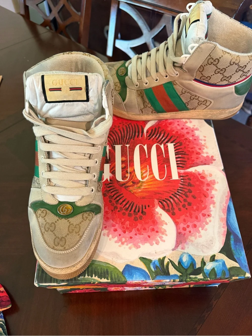 Gucci Beige Canvas High-Top Sneaker with Green and Red Web